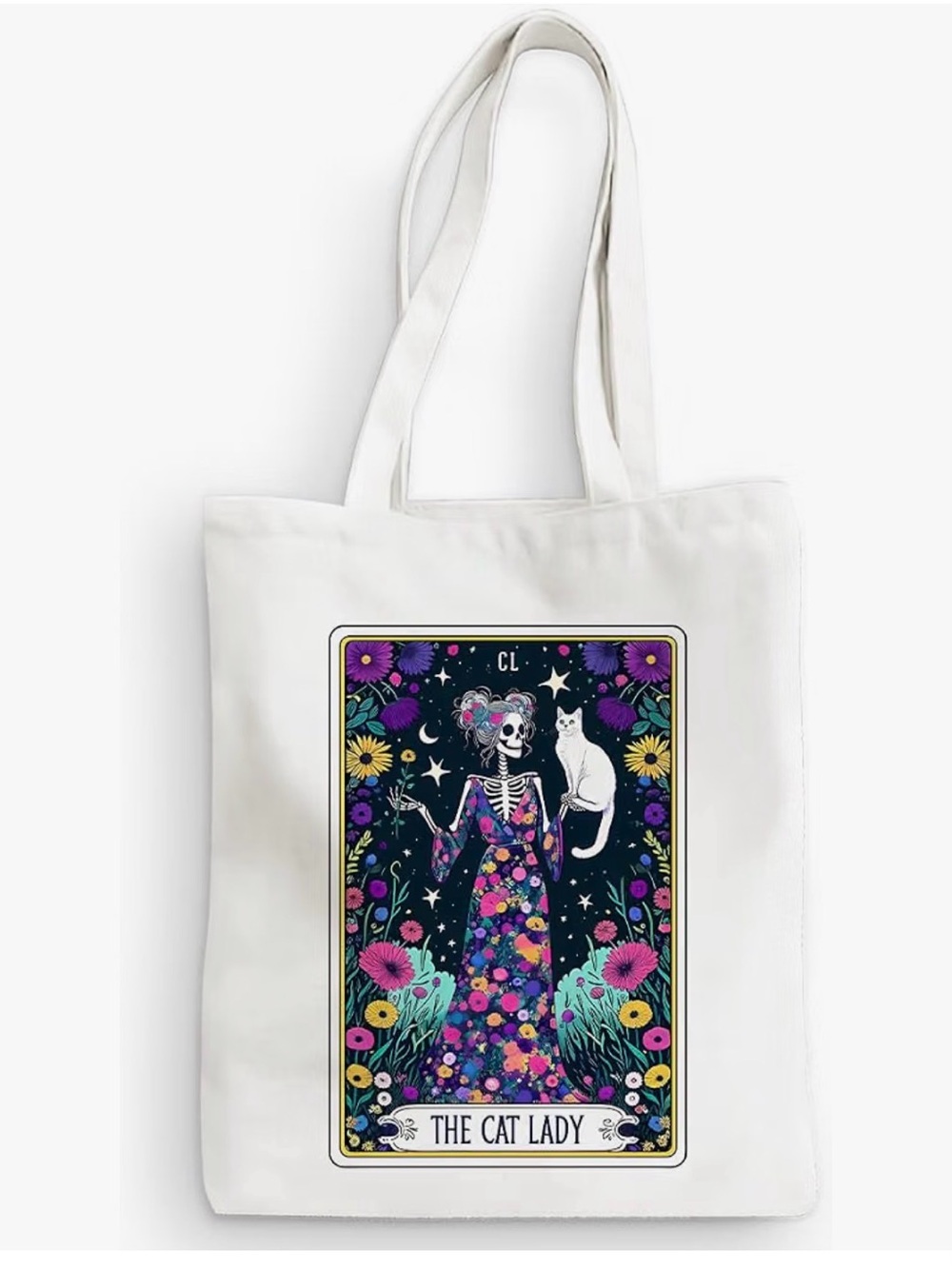The Cat Lady Floral Skeleton Tote Bag - White - Picture 1 of 2